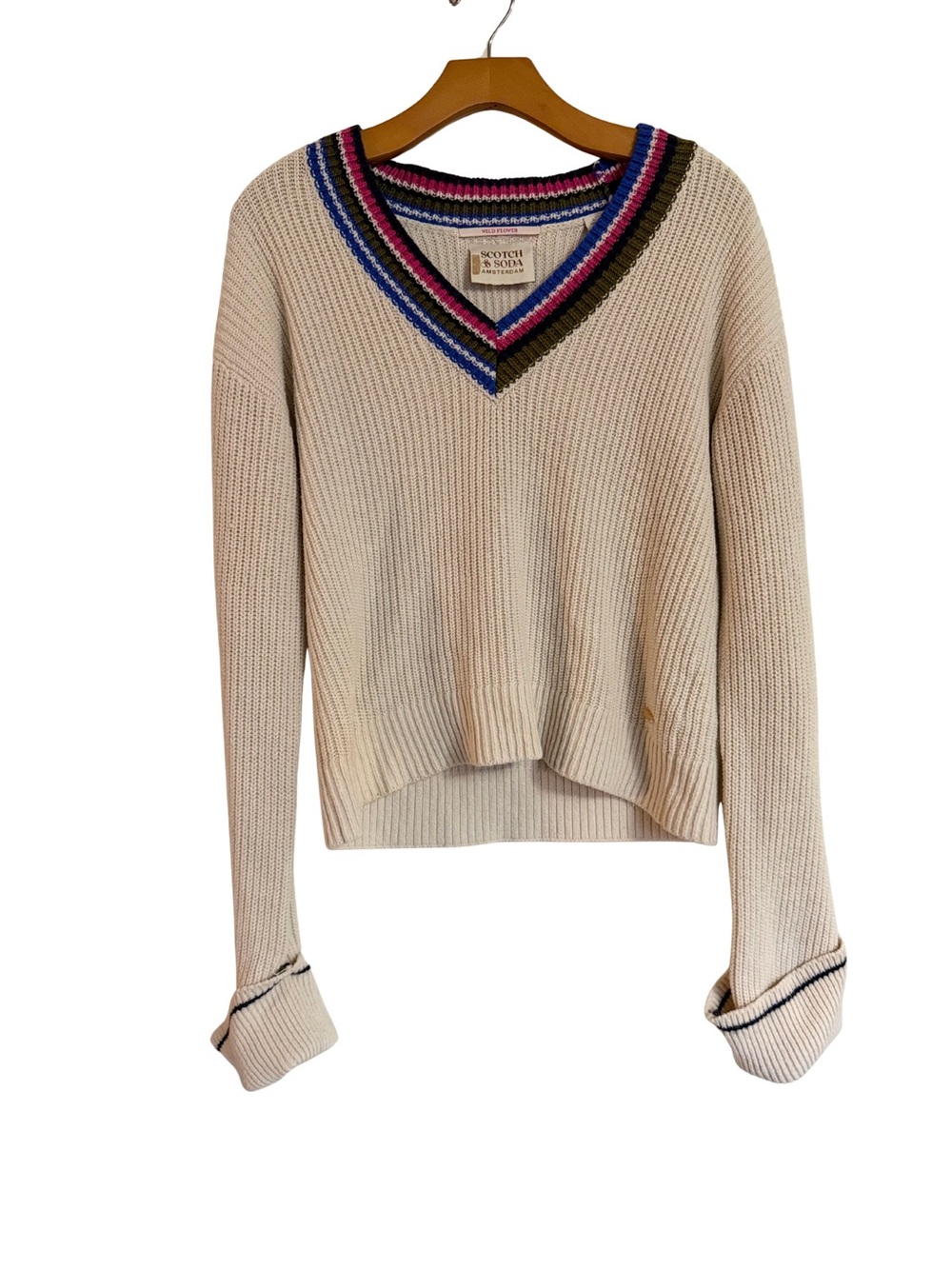 Preppy Cotton, Wool, Cashmere Cable Knit Sweater Scotch & Soda Wildflower Small